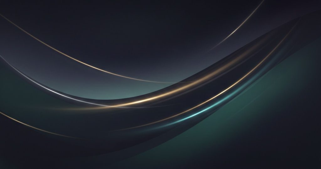 This abstract image showcases a dark background, subtly transitioning from deep blue-grey to a rich teal-green, diagonally across the frame. Elegant, flowing wavy lines of light, some glowing in warm golden-amber tones and others in cool light blue-cyan, curve dynamically, creating a sense of movement and sophistication.
